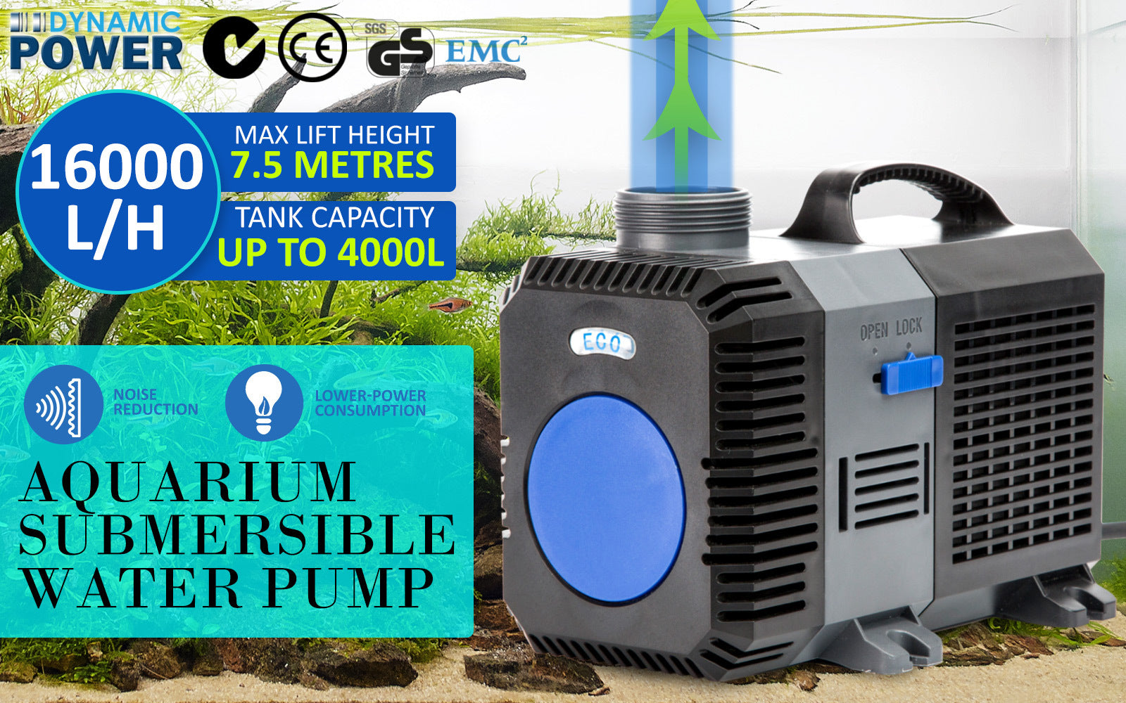 Dynamic Power Aquarium Submersible Pond Water Pump 16000L/H with stainless steel and PVC construction, designed for efficient water circulation.