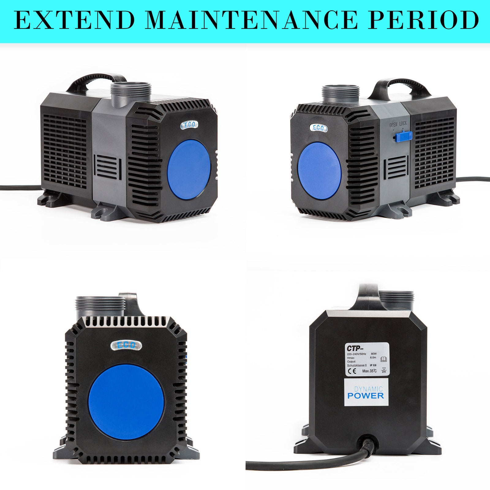 Dynamic Power Aquarium Submersible Pond Water Pump 16000L/H with stainless steel and PVC construction, designed for efficient water circulation.