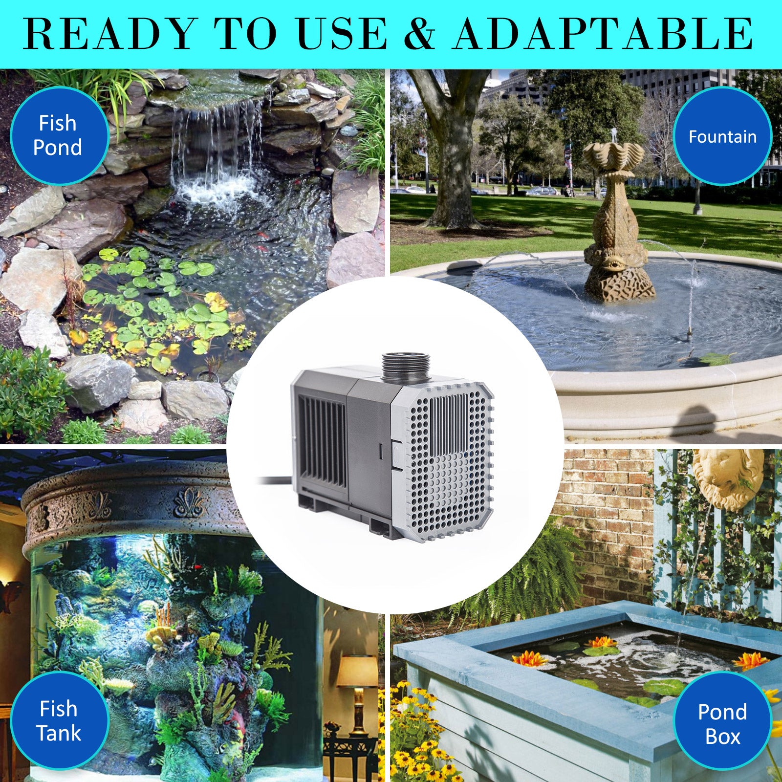 Dynamic Power Aquarium Submersible Water Pump with adjustable outlets, designed for efficient water circulation in aquariums and ponds.