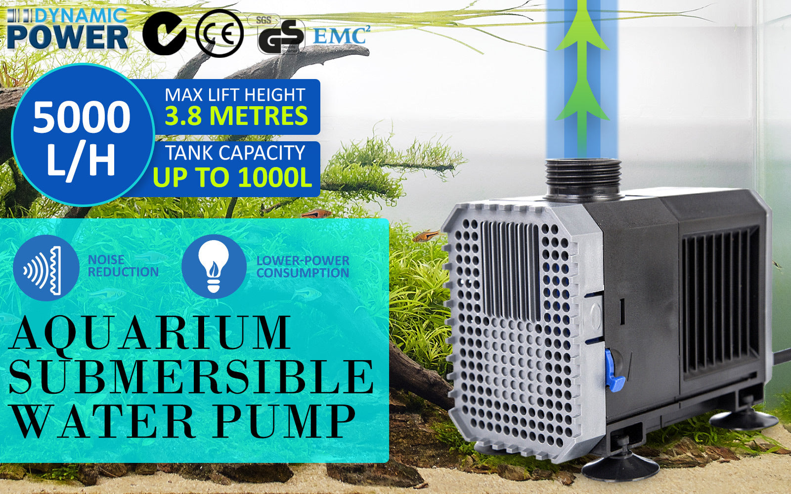 Dynamic Power Aquarium Submersible Water Pump with adjustable outlets, designed for efficient water circulation in aquariums and ponds.