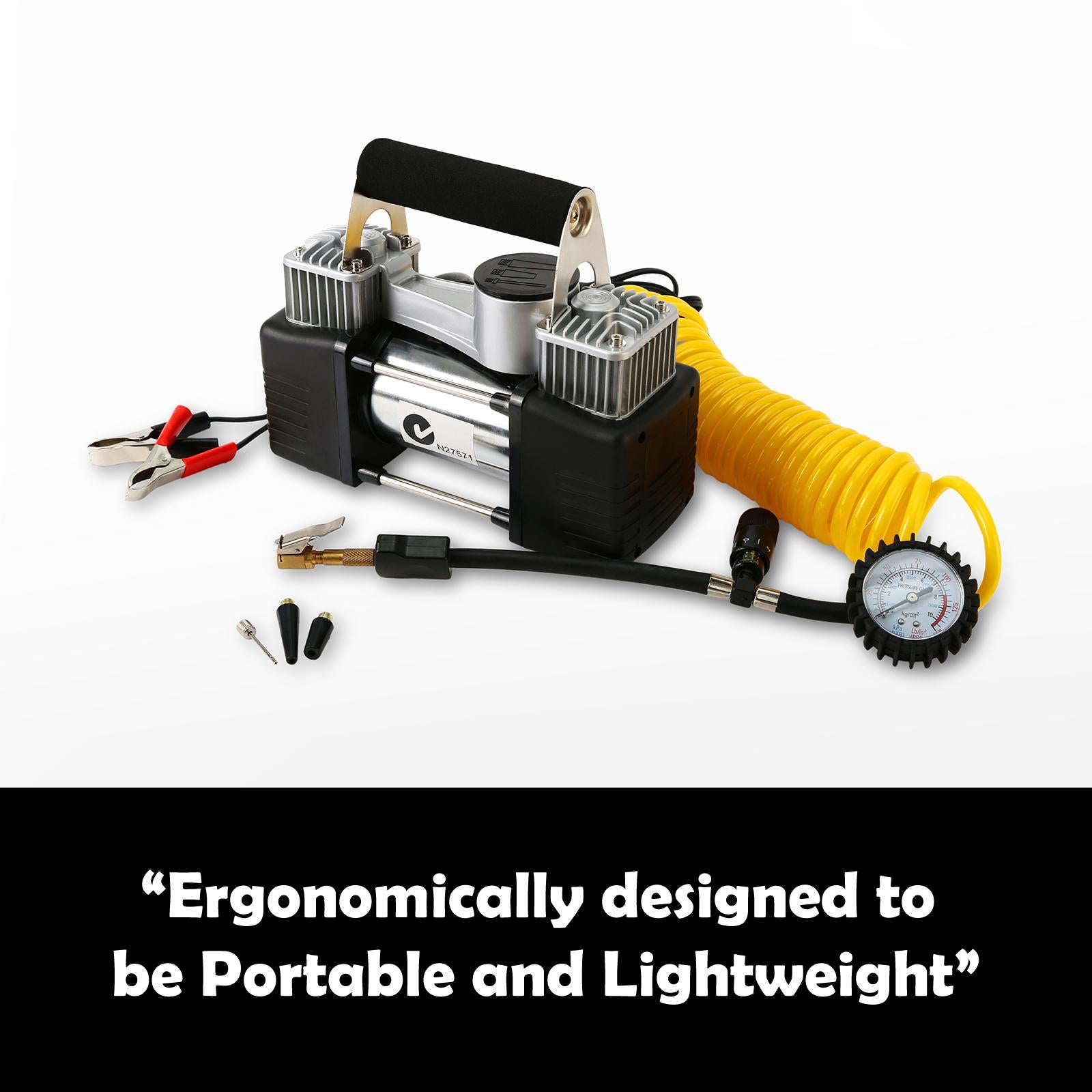 Dynamic Power Red Portable Car Tyre Air Compressor with accessories, showcasing its compact design and durable construction.