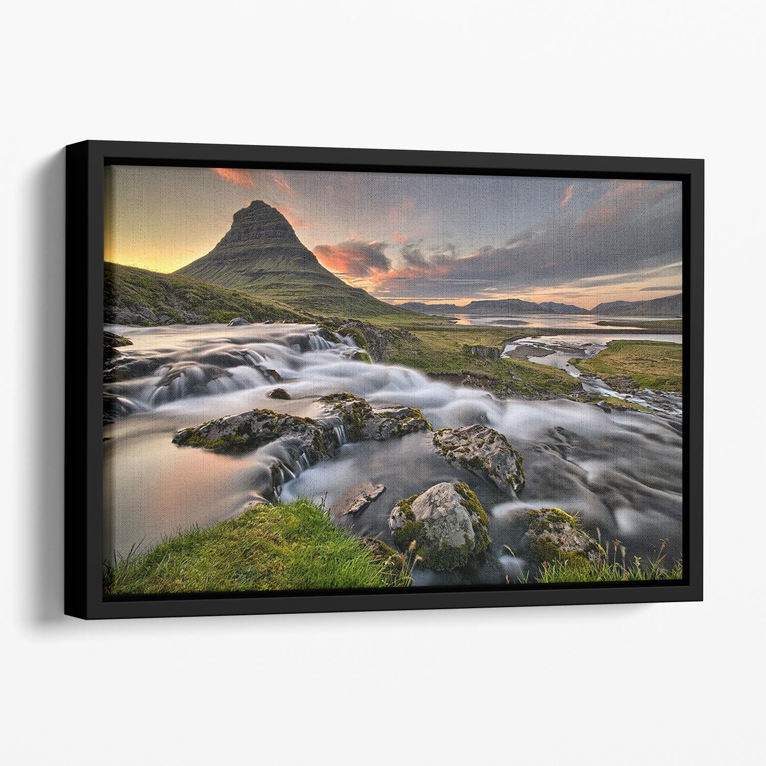 Early In The Morning Floating Framed Canvas featuring vibrant abstract art in an elegant wooden frame.