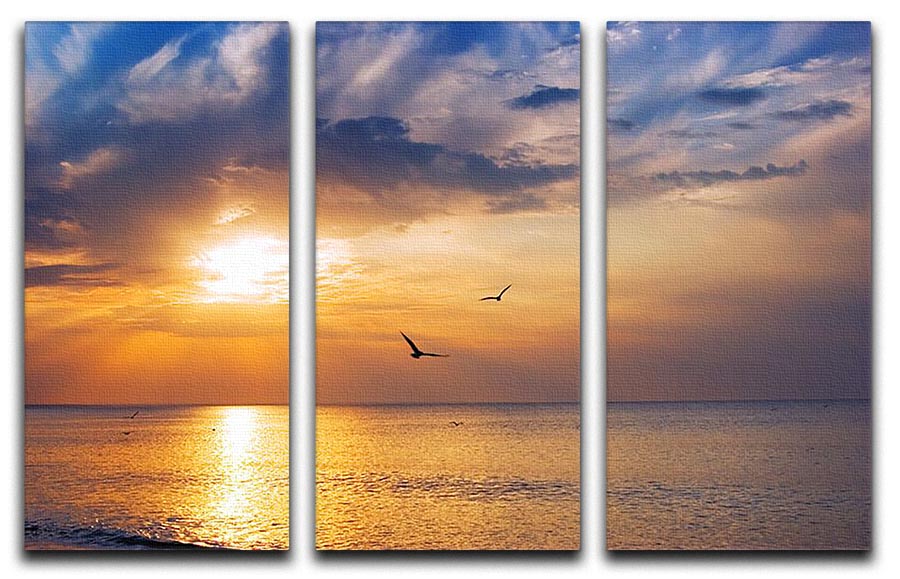 A beautiful 3-panel canvas depicting an early morning sunrise over the sea with birds flying, showcasing vibrant colors and serene scenery.