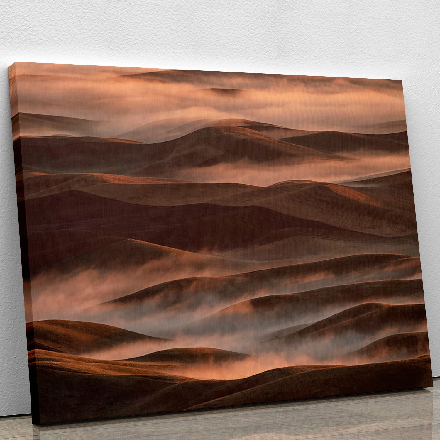 A beautiful canvas print of an early spring morning in the Palouse region, showcasing rolling hills and vibrant greenery.