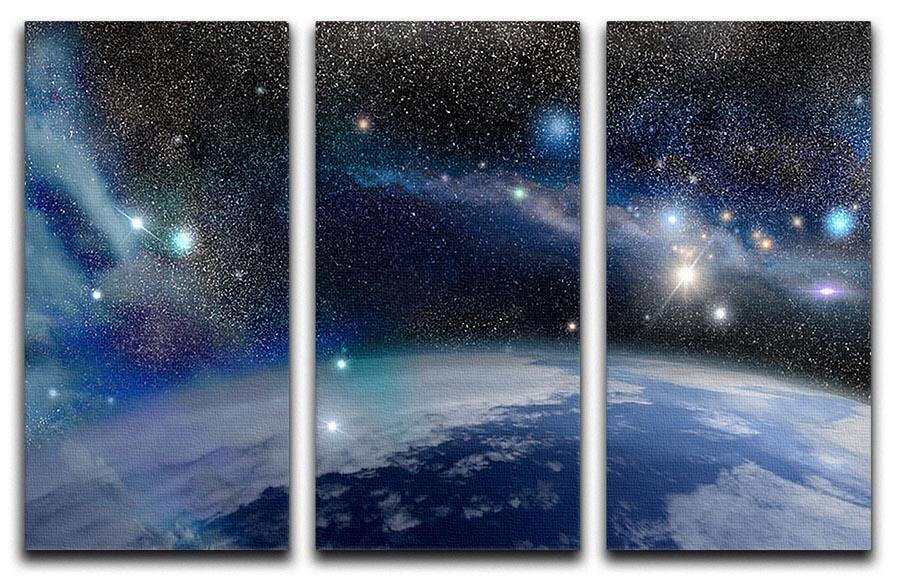 A stunning 3-panel canvas print featuring Earth in a cosmic cloud, showcasing vibrant colors and intricate details.