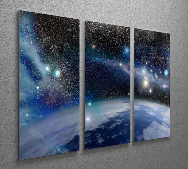 A stunning 3-panel canvas print featuring Earth in a cosmic cloud, showcasing vibrant colors and intricate details.