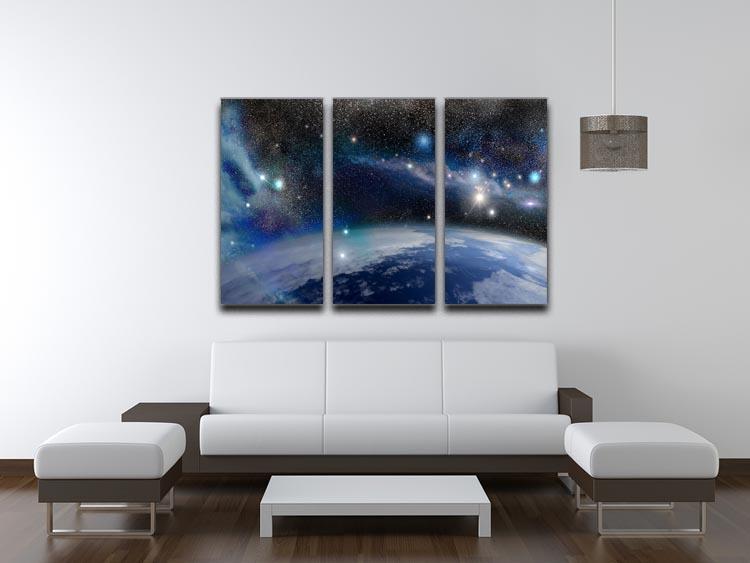 A stunning 3-panel canvas print featuring Earth in a cosmic cloud, showcasing vibrant colors and intricate details.