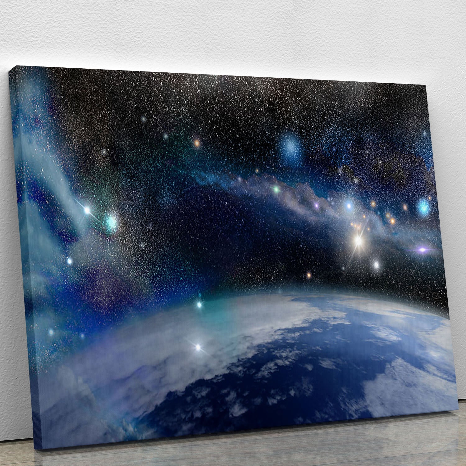 A vibrant canvas print featuring Earth surrounded by a cosmic cloud, showcasing intricate details and colors.
