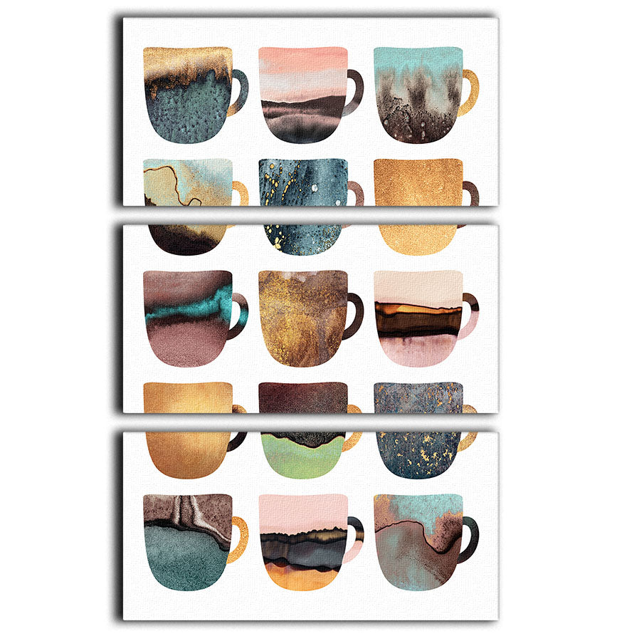 Three-panel canvas print featuring earthy coffee cups, showcasing vibrant colors and artistic design.