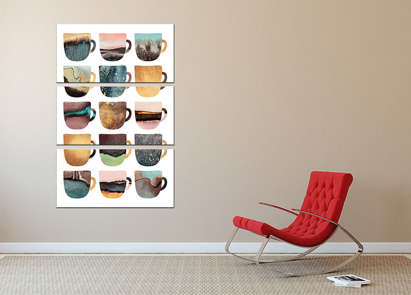 Three-panel canvas print featuring earthy coffee cups, showcasing vibrant colors and artistic design.