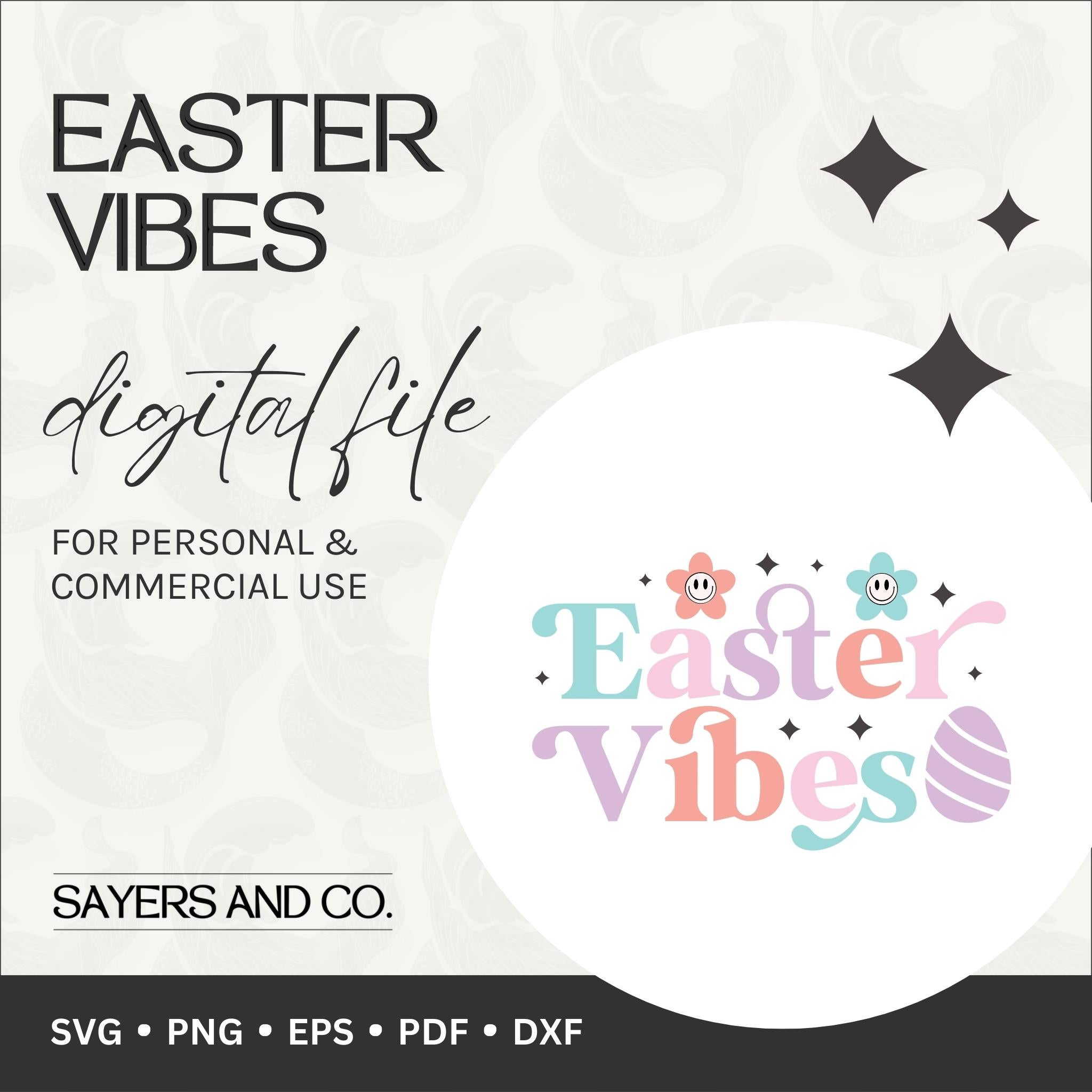 A collection of whimsical Easter-themed digital files in various formats including SVG, PNG, EPS, PDF, and DXF, showcasing colorful designs perfect for crafting.