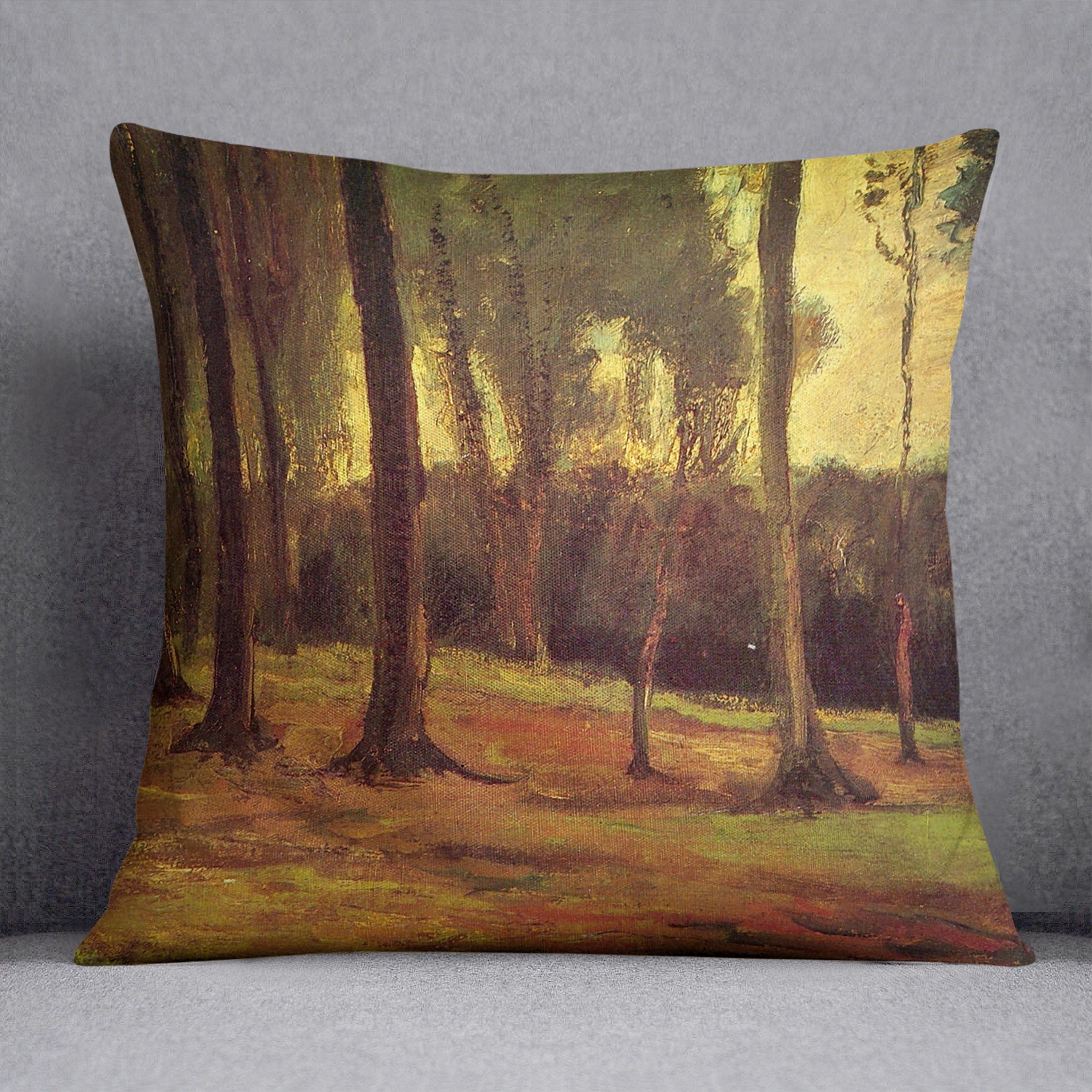 Edge of a Wood by Van Gogh Cushion featuring vibrant colors on luxurious vegan faux suede, perfect for home decor.