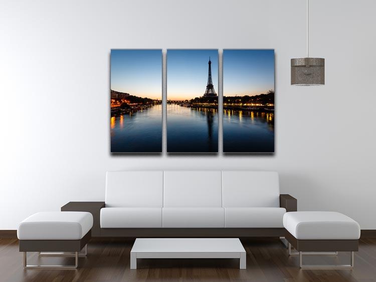 A stunning 3-panel canvas print featuring the Eiffel Tower, showcasing vibrant colors and intricate details, perfect for home decor.
