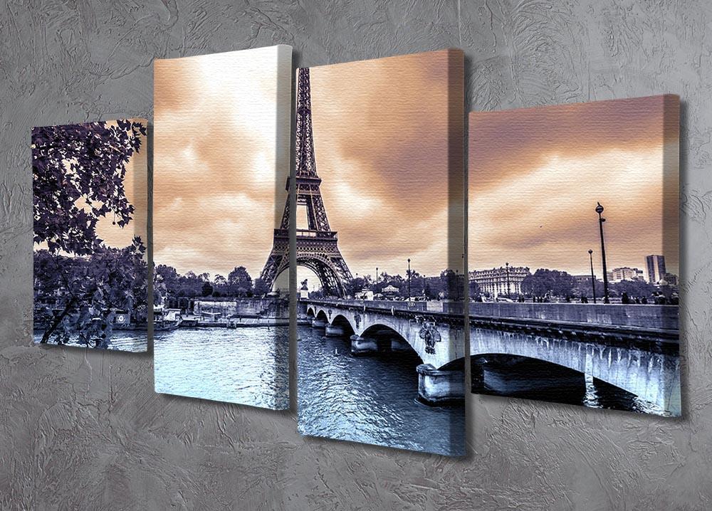 A stunning 4-split canvas artwork depicting the Eiffel Tower from the Seine River, showcasing vibrant colors and intricate details.