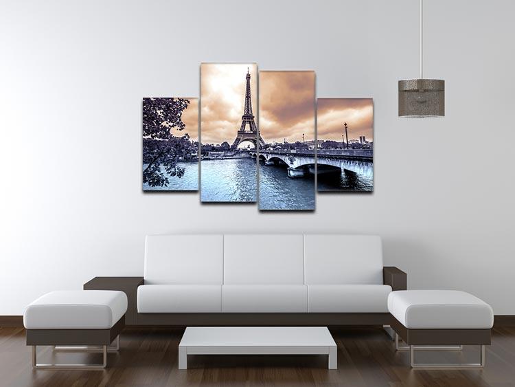 A stunning 4-split canvas artwork depicting the Eiffel Tower from the Seine River, showcasing vibrant colors and intricate details.