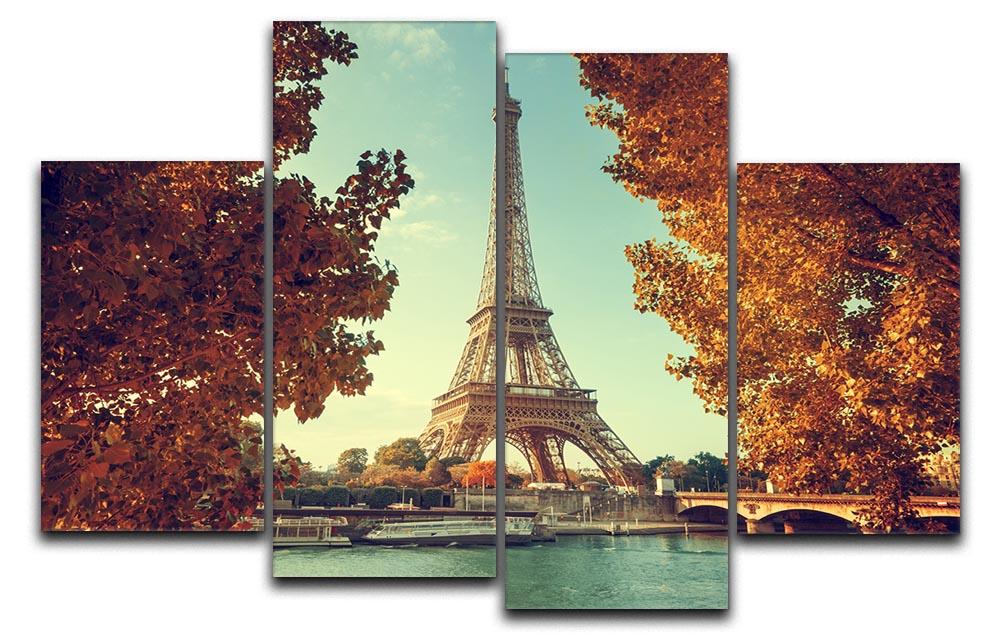 A beautiful 4-panel canvas artwork depicting the Eiffel Tower surrounded by autumn foliage in vibrant colors.