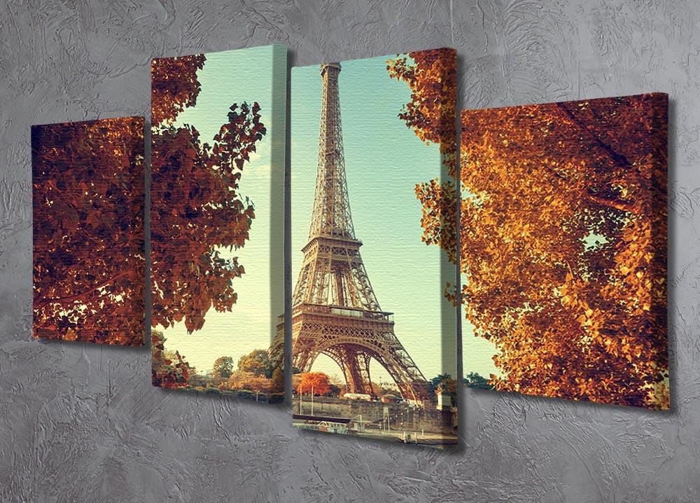 A beautiful 4-panel canvas artwork depicting the Eiffel Tower surrounded by autumn foliage in vibrant colors.