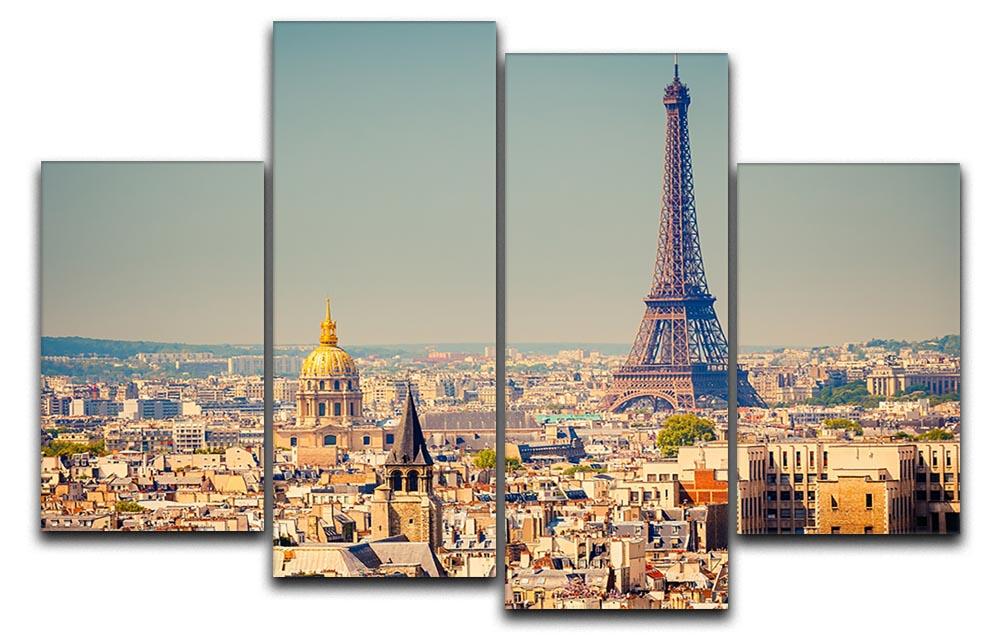 Eiffel Tower Sunny Day 4 Split Panel Canvas artwork featuring vibrant colors and a sunny backdrop, divided into four panels.