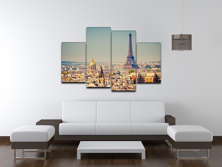 Eiffel Tower Sunny Day 4 Split Panel Canvas artwork featuring vibrant colors and a sunny backdrop, divided into four panels.