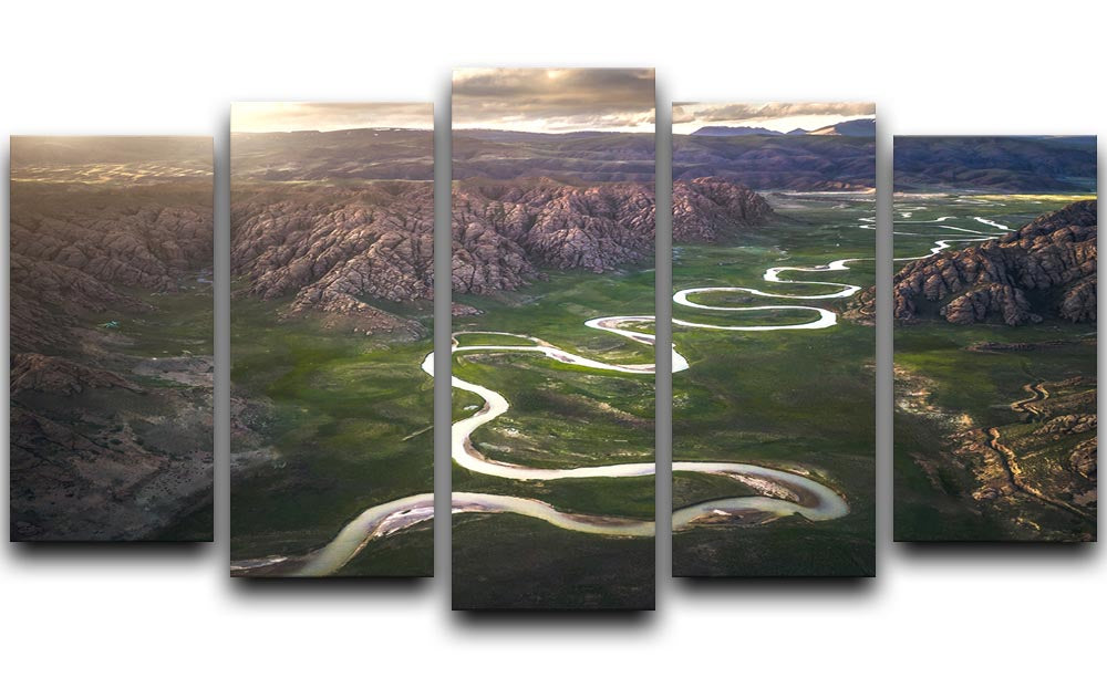 Eighteen Bends Of Waterway 5 Split Panel Canvas artwork featuring vibrant colors and intricate details across five panels.