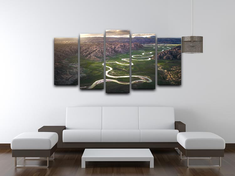 Eighteen Bends Of Waterway 5 Split Panel Canvas artwork featuring vibrant colors and intricate details across five panels.