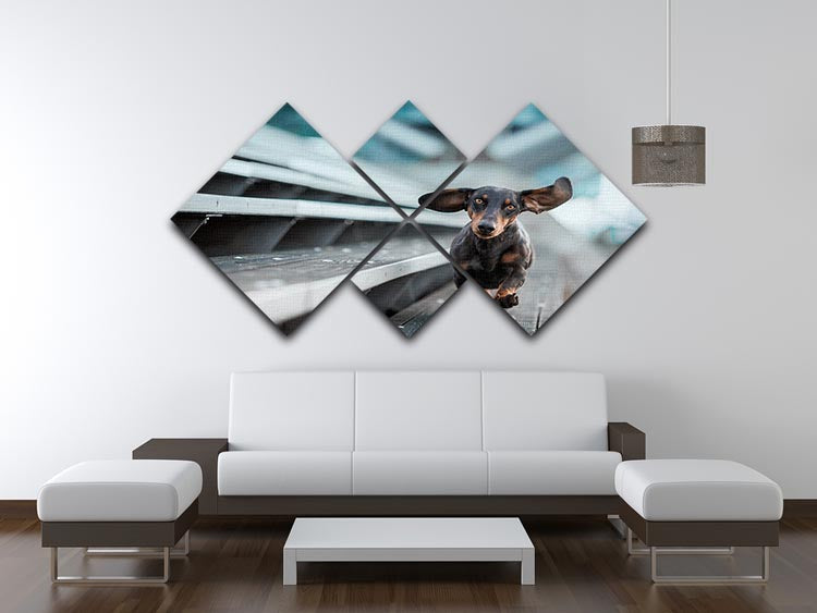 A 4-square canvas artwork featuring a small dog exploring the world, divided into four panels for a striking visual effect.