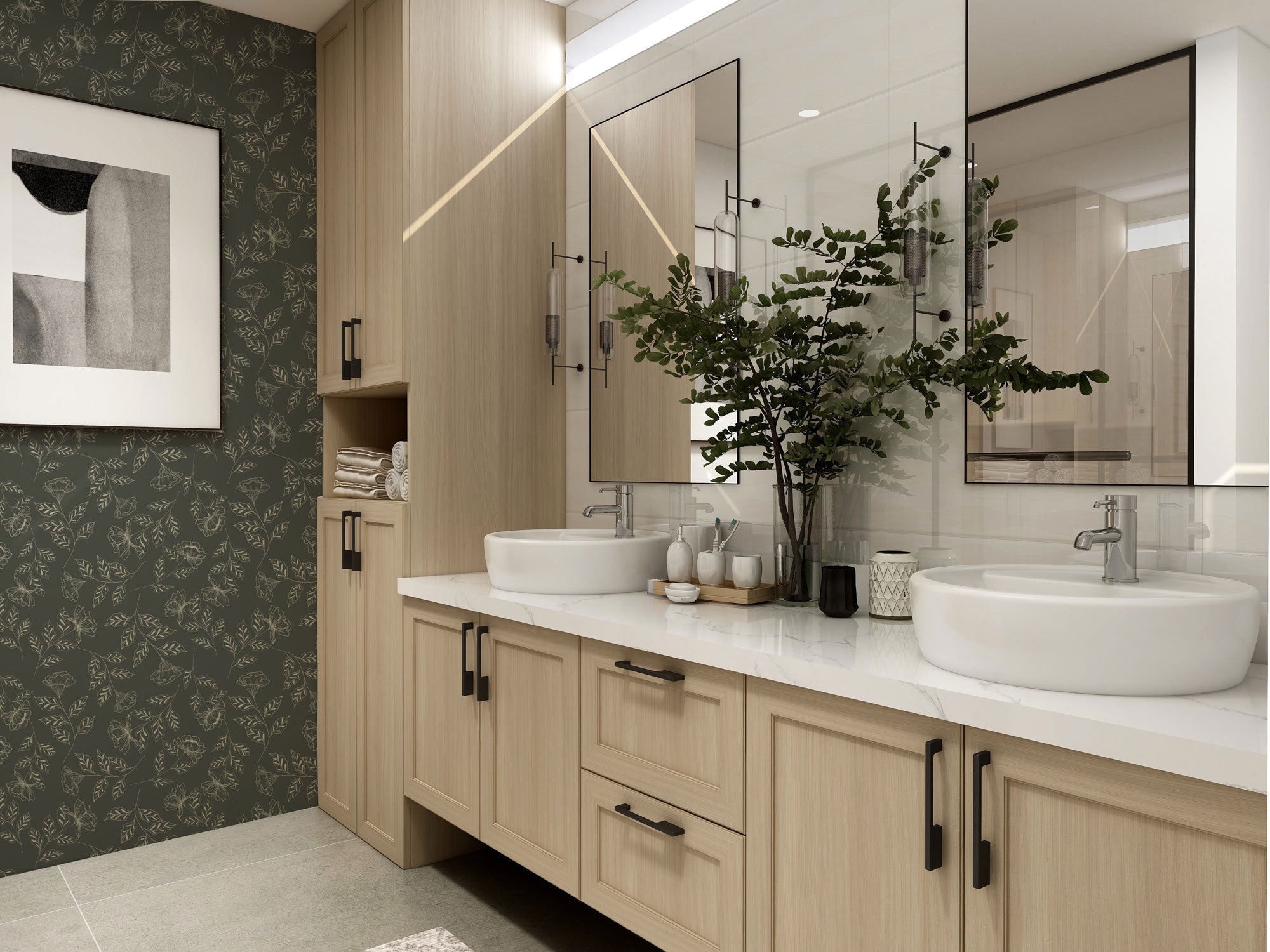 Ella Wallpaper (Forest) from The Wynona Collection, featuring a modern forest design with vibrant colors and a peel and stick application.