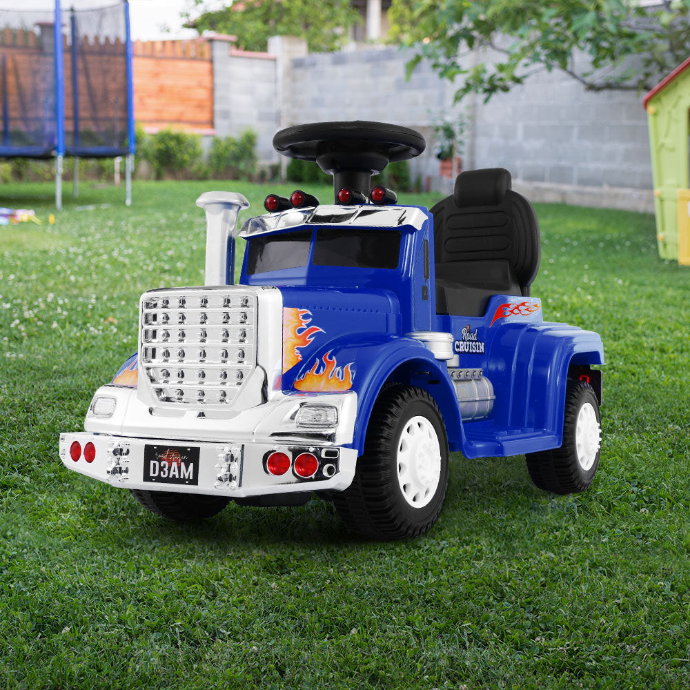 Electric Ride On Truck in blue with realistic design, bright headlights, and anti-slip tyres, perfect for kids aged 3 and above.