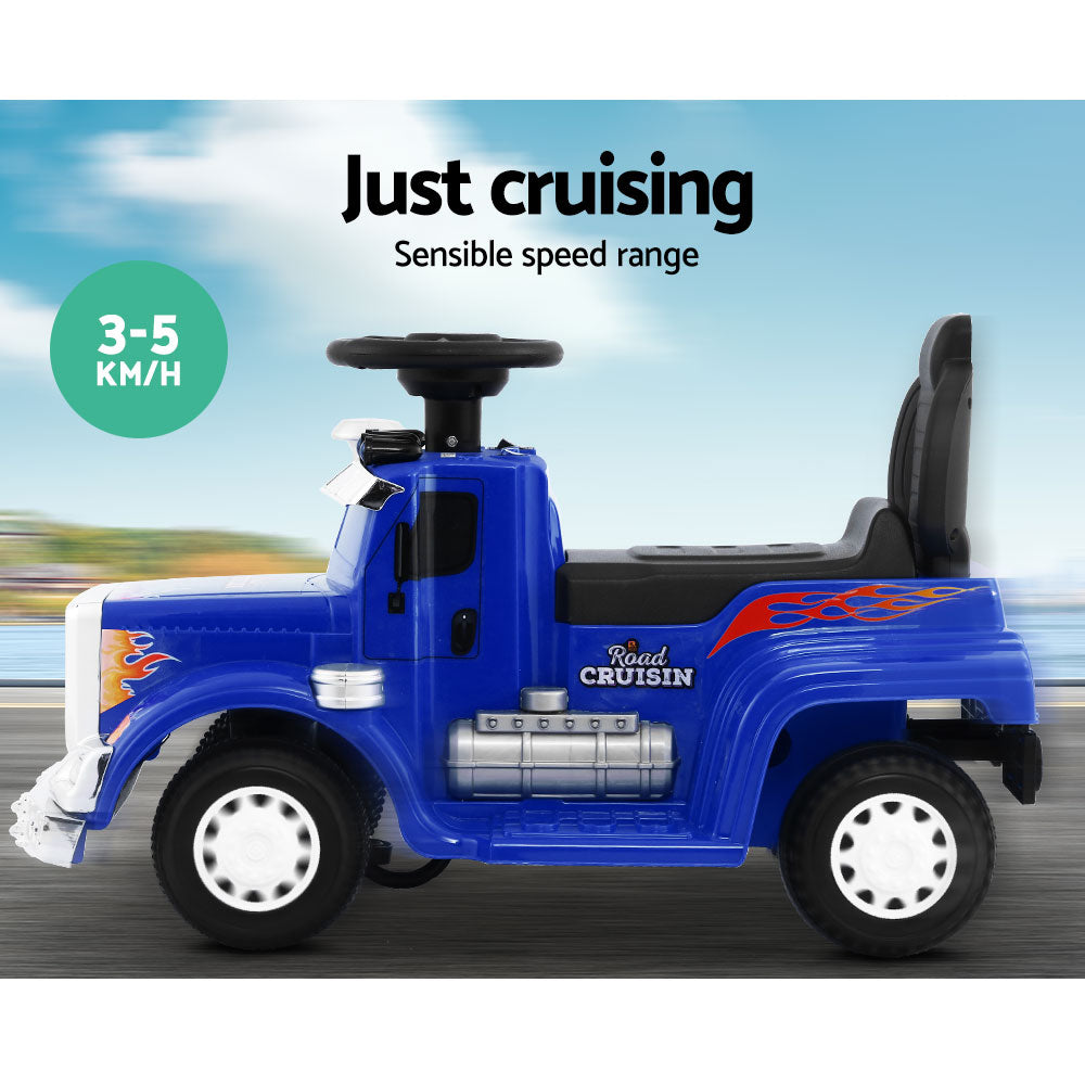 Electric Ride On Truck in blue with realistic design, bright headlights, and anti-slip tyres, perfect for kids aged 3 and above.