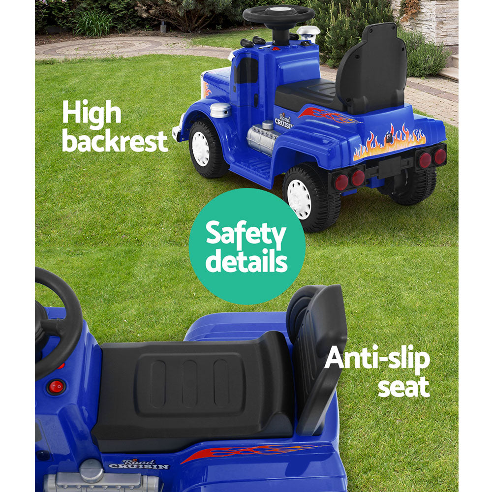 Electric Ride On Truck in blue with realistic design, bright headlights, and anti-slip tyres, perfect for kids aged 3 and above.