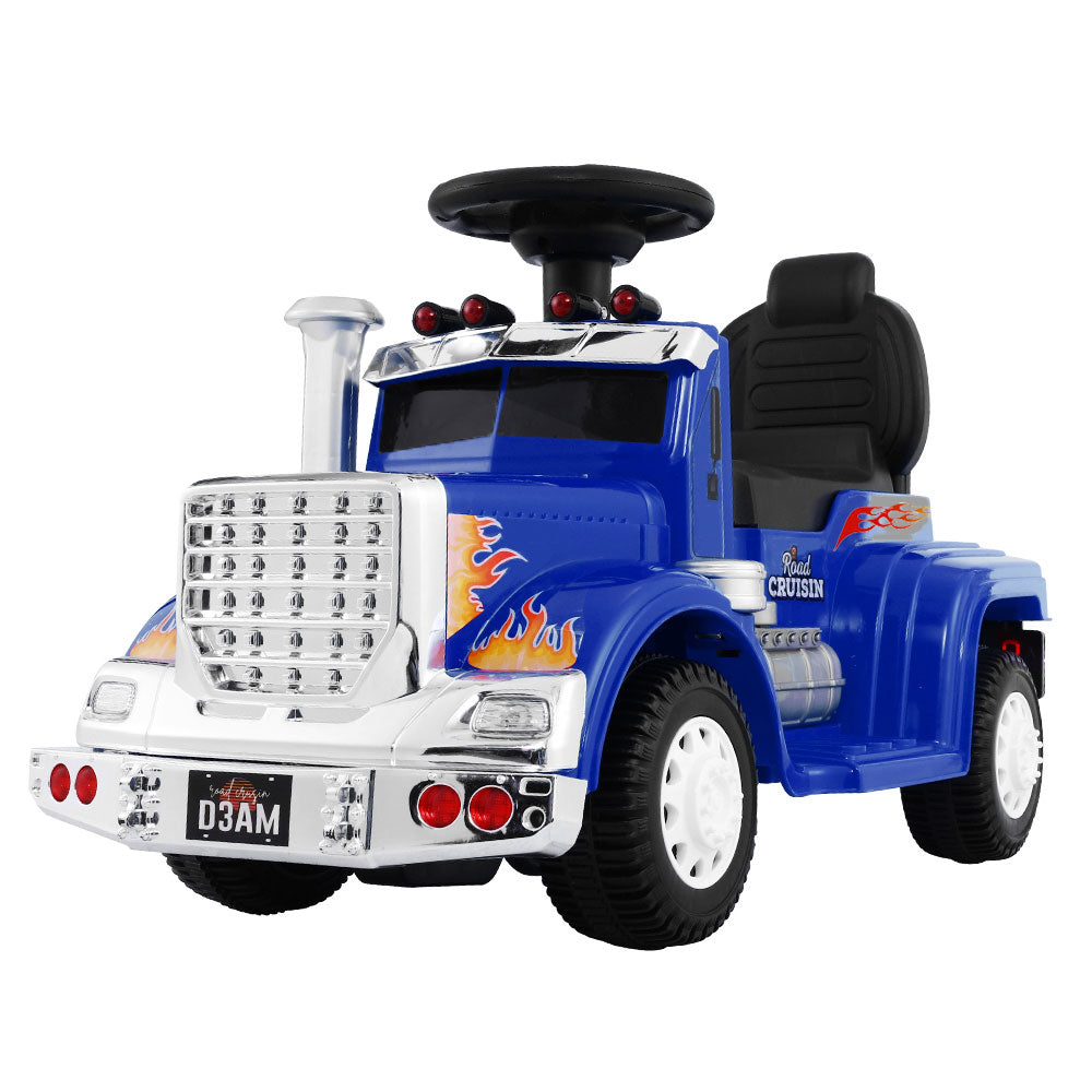 Electric Ride On Truck in blue with realistic design, bright headlights, and anti-slip tyres, perfect for kids aged 3 and above.