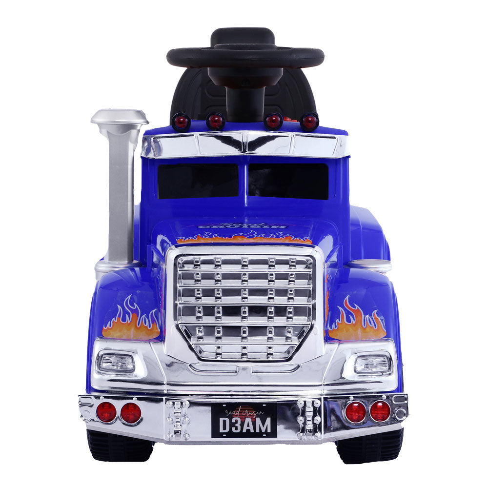 Electric Ride On Truck in blue with realistic design, bright headlights, and anti-slip tyres, perfect for kids aged 3 and above.
