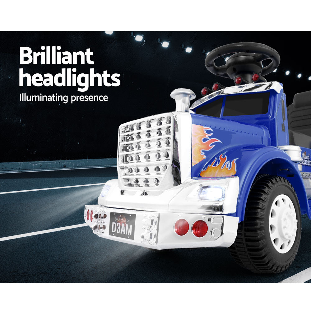 Electric Ride On Truck in blue with realistic design, bright headlights, and anti-slip tyres, perfect for kids aged 3 and above.