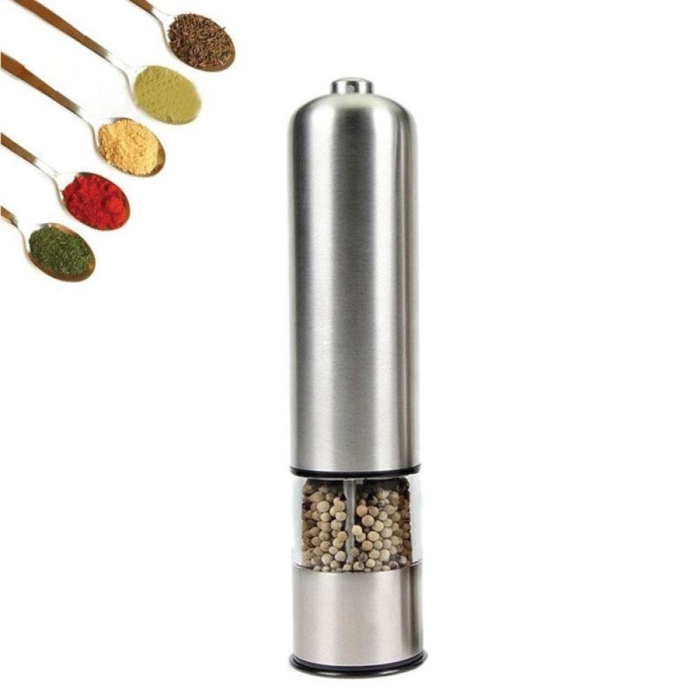 Electric salt and pepper grinder made of stainless steel with a built-in light, showcasing its sleek design and functionality.