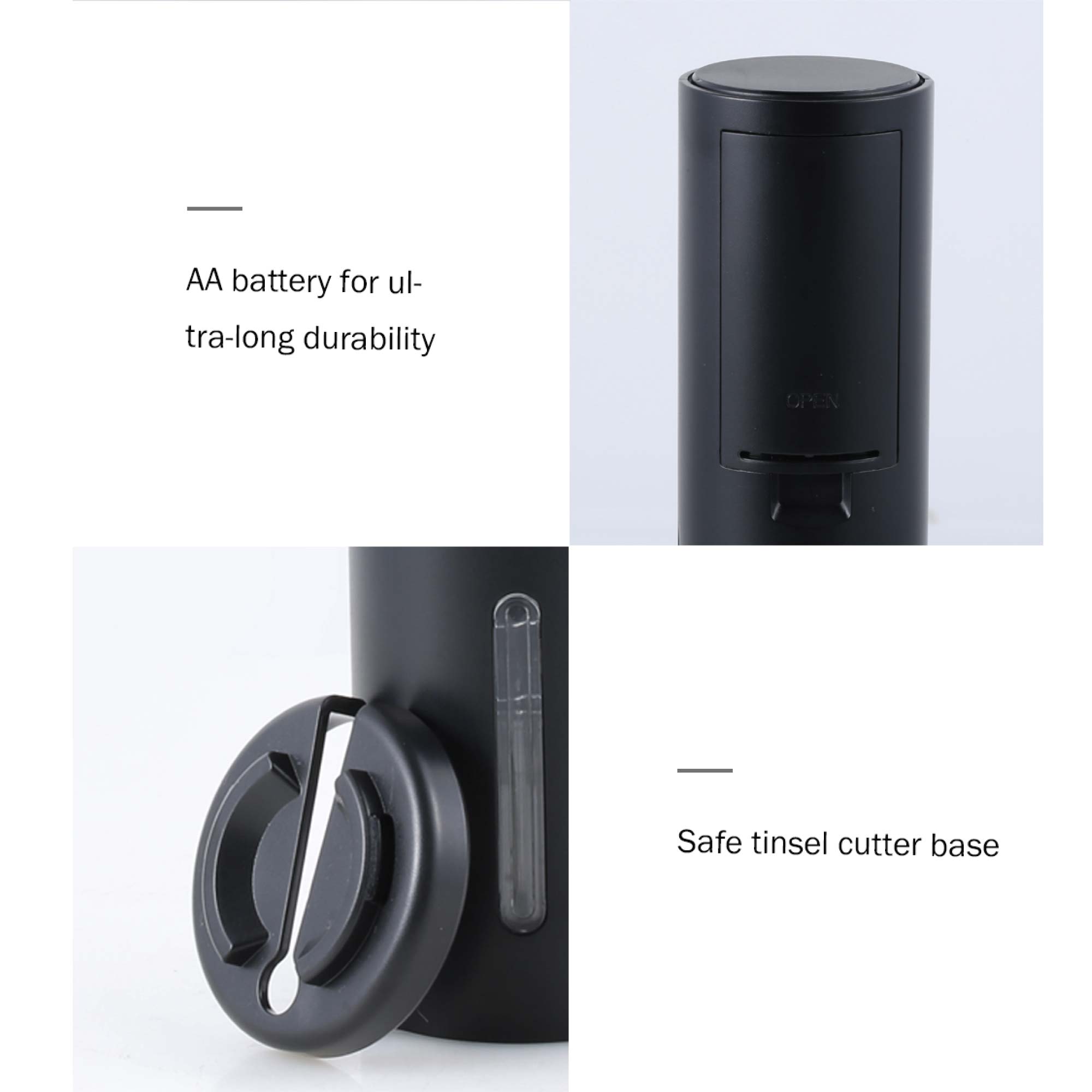 Electric Wine Bottle Opener Tool in black, featuring a foil cutter and transparent viewing window, designed for easy cork removal.