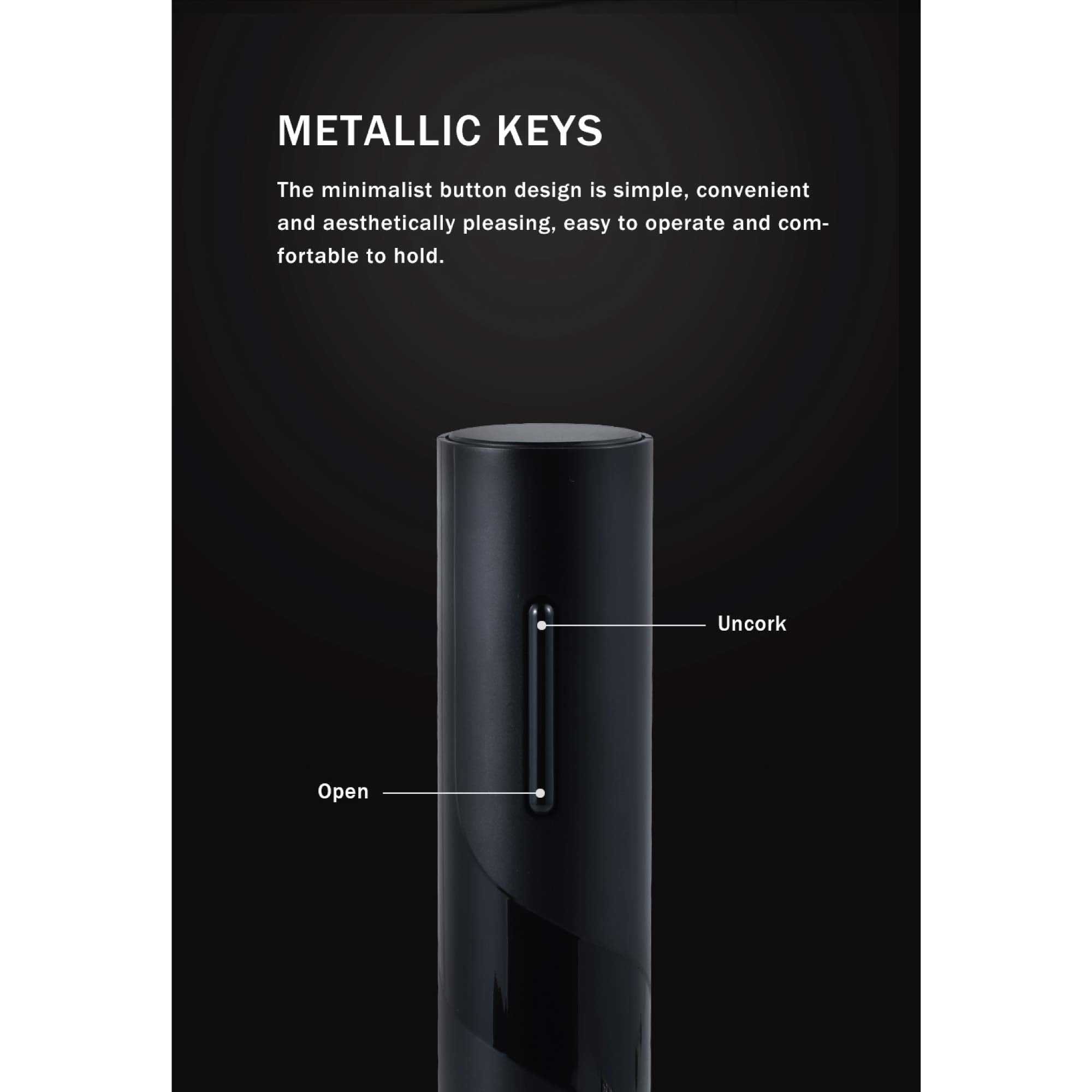 Electric Wine Bottle Opener Tool in black, featuring a foil cutter and transparent viewing window, designed for easy cork removal.