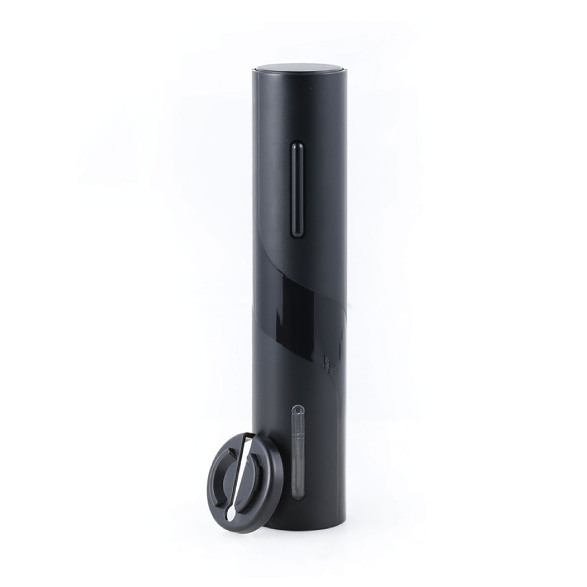 Electric Wine Bottle Opener Tool in black, featuring a foil cutter and transparent viewing window, designed for easy cork removal.