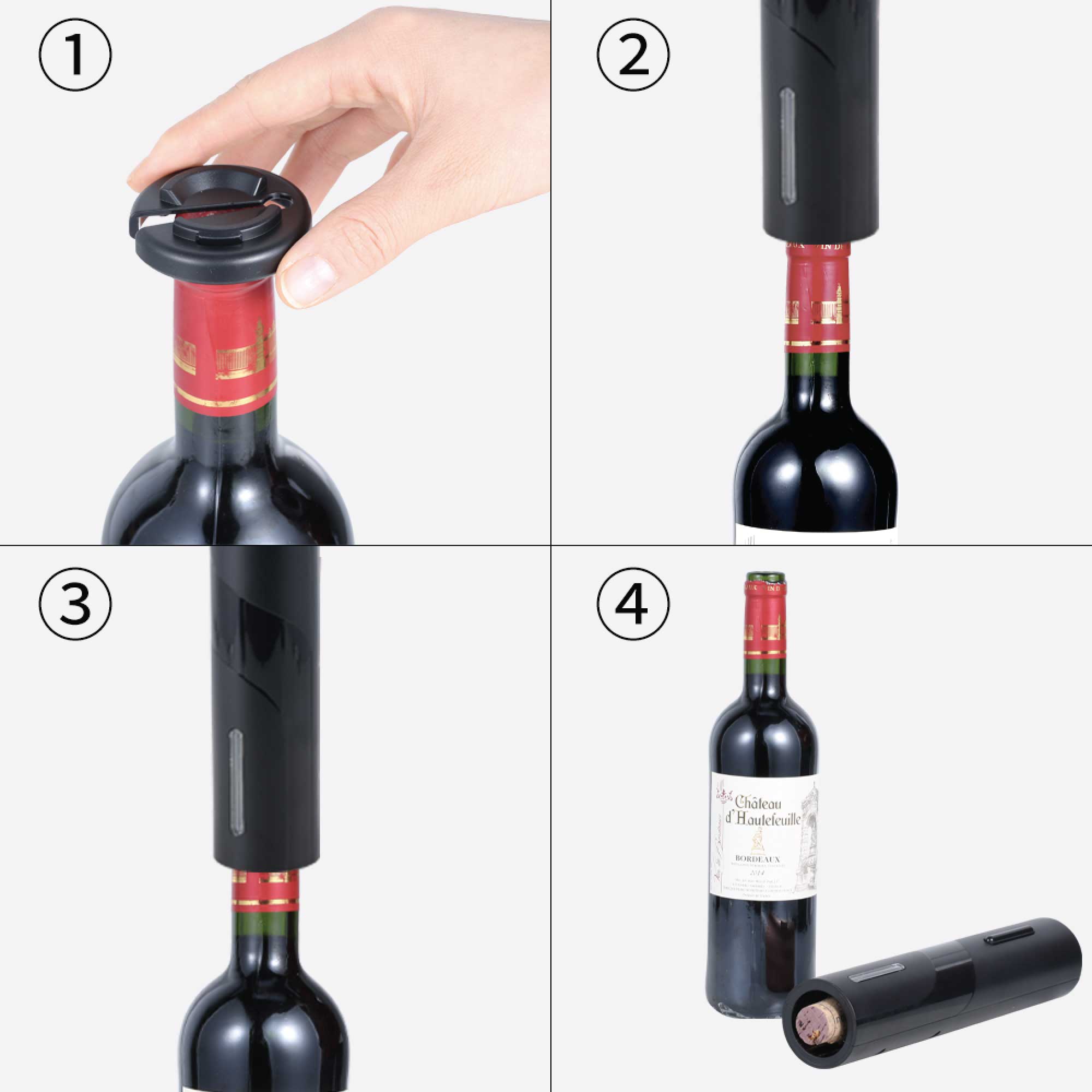Electric Wine Bottle Opener Tool in black, featuring a foil cutter and transparent viewing window, designed for easy cork removal.