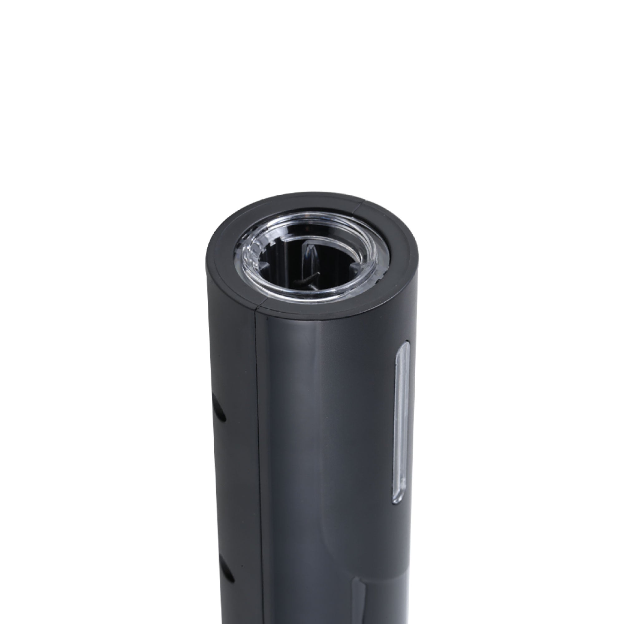 Electric Wine Bottle Opener Tool in black, featuring a foil cutter and transparent viewing window, designed for easy cork removal.