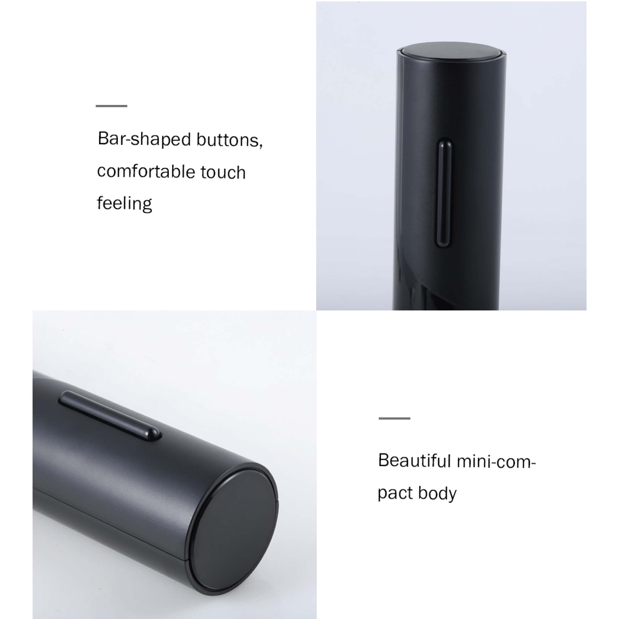 Electric Wine Bottle Opener Tool in black, featuring a foil cutter and transparent viewing window, designed for easy cork removal.