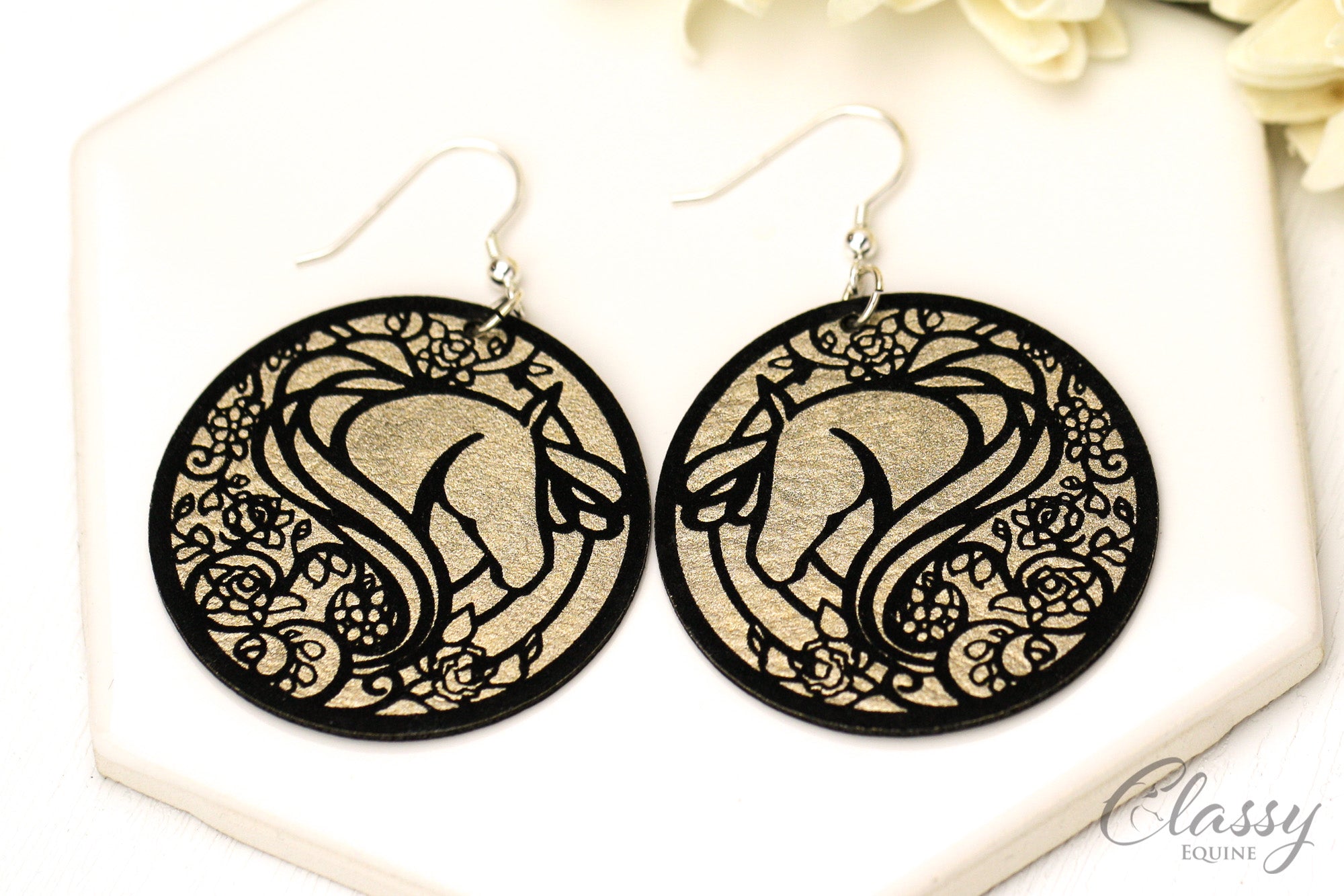 Elegant Floral Horse Head Dangle Earrings in multiple colors, featuring lightweight faux leather and sterling silver accents.