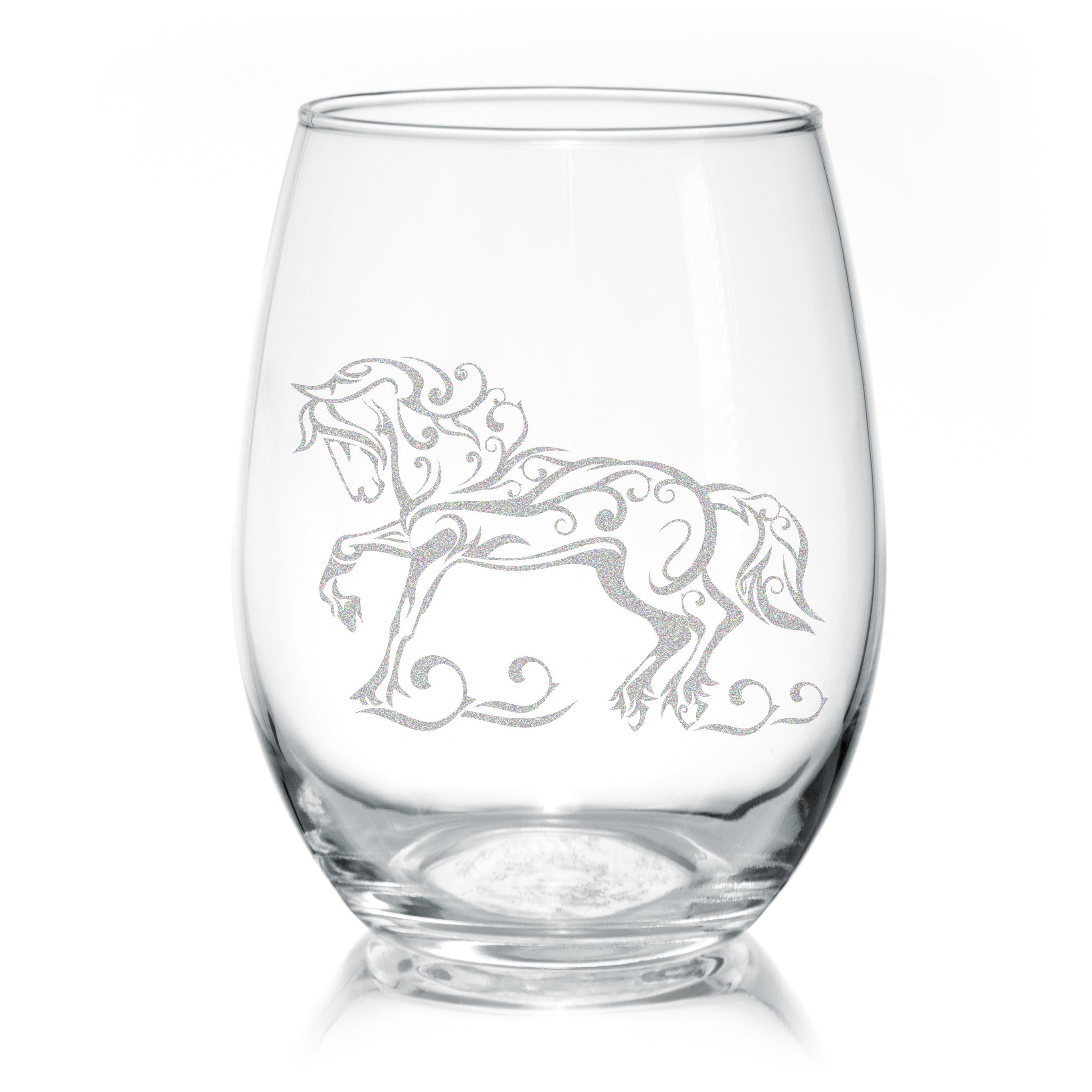 Elegant stemless wine glasses featuring a Friesian Horse design, perfect for wine enthusiasts and equestrian lovers.