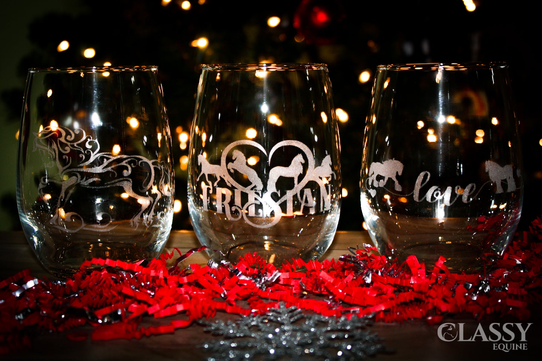 Elegant stemless wine glasses featuring a Friesian Horse design, perfect for wine enthusiasts and equestrian lovers.
