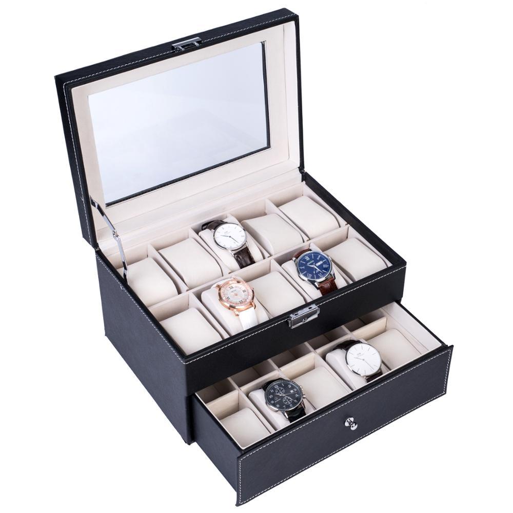 Elegant Wooden Watch Collection Storage Box in black PU leather with pearl fleece lining, featuring 2 layers and 20 slots for jewelry and watches.