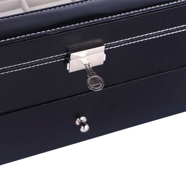 Elegant Wooden Watch Collection Storage Box in black PU leather with pearl fleece lining, featuring 2 layers and 20 slots for jewelry and watches.