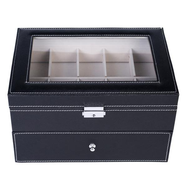 Elegant Wooden Watch Collection Storage Box in black PU leather with pearl fleece lining, featuring 2 layers and 20 slots for jewelry and watches.