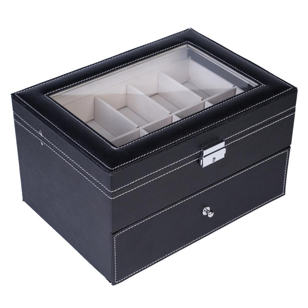 Elegant Wooden Watch Collection Storage Box in black PU leather with pearl fleece lining, featuring 2 layers and 20 slots for jewelry and watches.