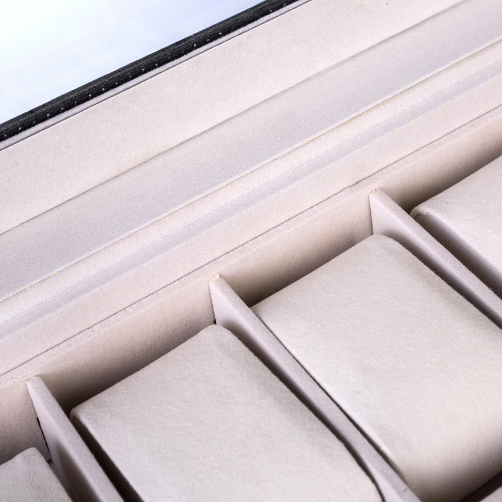 Elegant Wooden Watch Collection Storage Box in black PU leather with pearl fleece lining, featuring 2 layers and 20 slots for jewelry and watches.