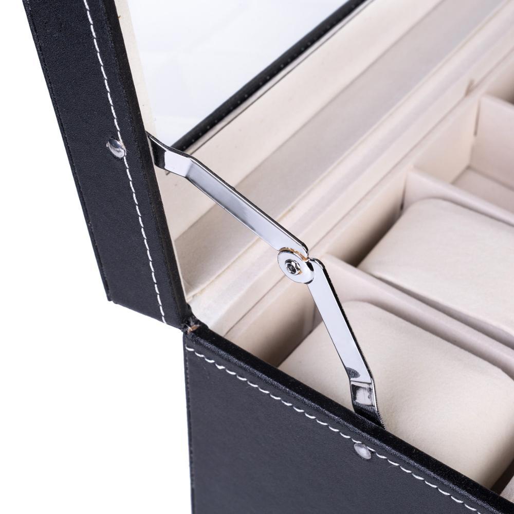 Elegant Wooden Watch Collection Storage Box in black PU leather with pearl fleece lining, featuring 2 layers and 20 slots for jewelry and watches.