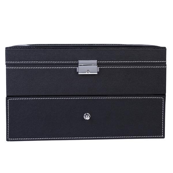 Elegant Wooden Watch Collection Storage Box in black PU leather with pearl fleece lining, featuring 2 layers and 20 slots for jewelry and watches.